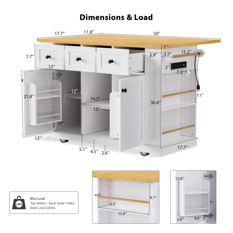 Versatile Kitchen Island with Adjustable Shelves & Drop Leaf, Rolling Kitchen Cart with 5 Hidden Casters, 53'' L x 29.5'' W x 36.5'' H, White