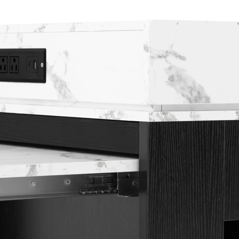 Extendable Dining Table with Folding Tabletop, Multi-Functional Kitchen Island with Drawers, 57.5" L x 32.5" W x 38" H, Black+White Marble