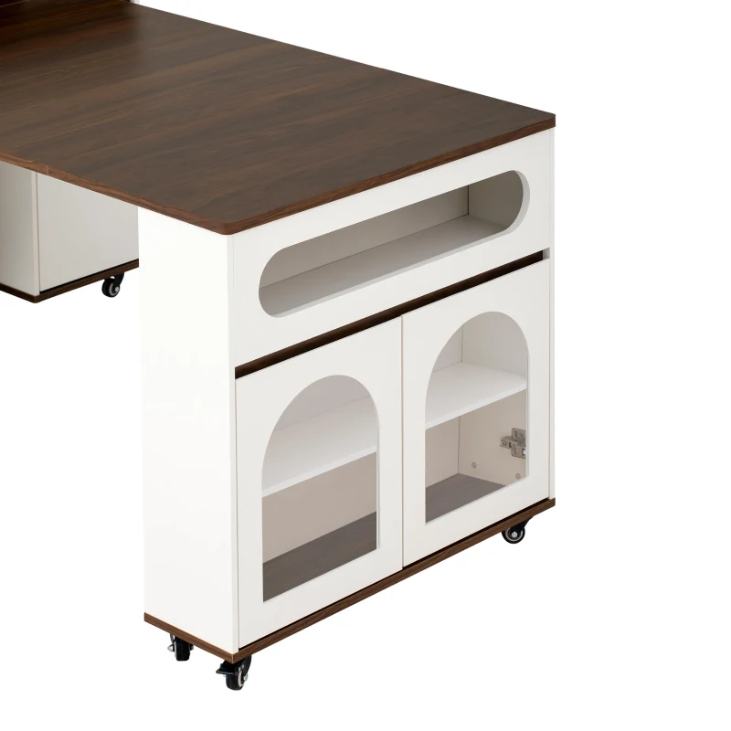 Extendable Rolling Kitchen Island with Folding Top, Versatile Kitchen Cart with Windows, 74" L x 43.5" W x 37.5" H, Creamy White+Walnut