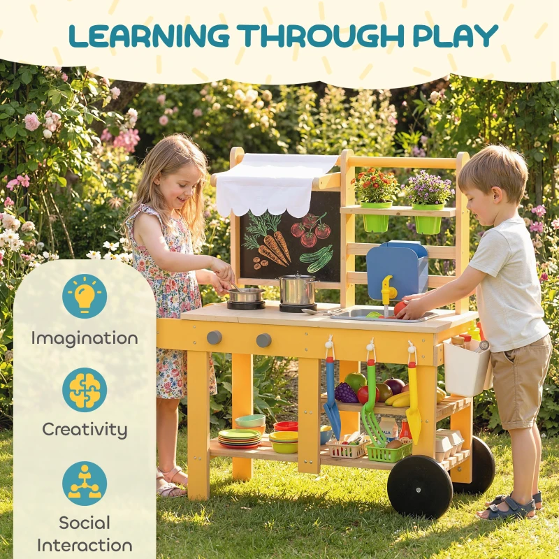 Qaba Mud Kitchen for Kids Outdoor with Wheels, Wooden Play Kitchen with Sink, Storage, Planting Pots, Blackboard, Yellow
