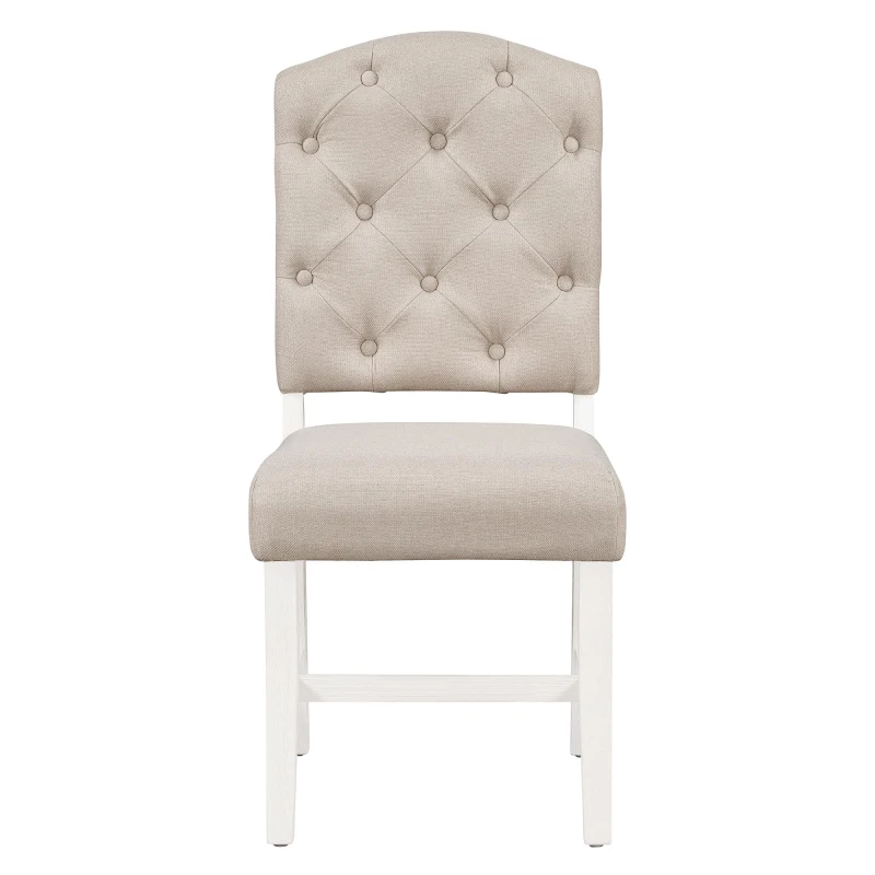 Extendable Dining Table Set with 4 Upholstered Chairs, Stylish Kitchen Table Set with Oak Veneer Top, 54" L x 42" W x 30" H, Off White+Walnut