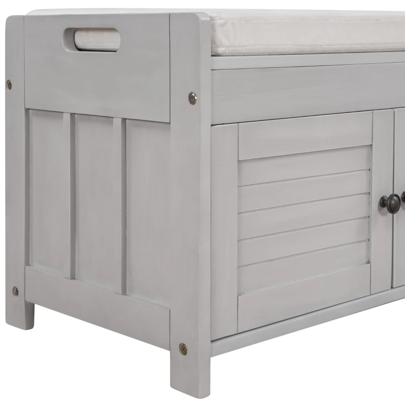 Rustic Storage Bench with Removable Linen-Blend Cushion, Functional Entryway Bench for Living Room, 43.5" L x 16" W x 18" H, Gray Wash
