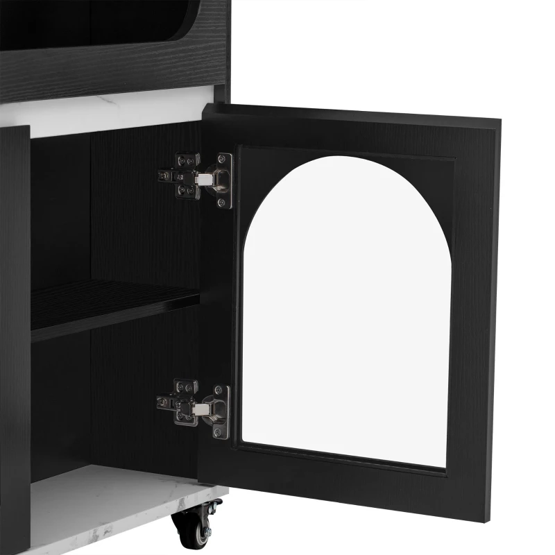 Extendable Rolling Kitchen Island with Folding Top, Versatile Kitchen Cart with Windows, 74" L x 43.5" W x 37.5" H, Black+White Marble