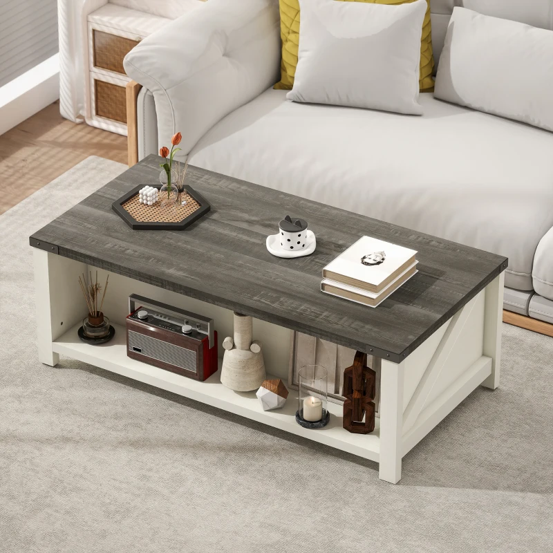 HOMCOM Farmhouse Coffee Table with Drawer, Open Storage Shelf for Living Room, Dining Room, Office, Distressed White