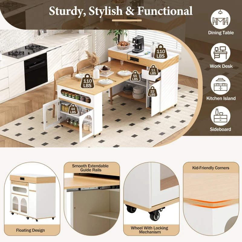 Extendable Rolling Kitchen Island with Folding Top, Versatile Kitchen Cart with Windows, 74" L x 43.5" W x 37.5" H, Creamy White+Natural