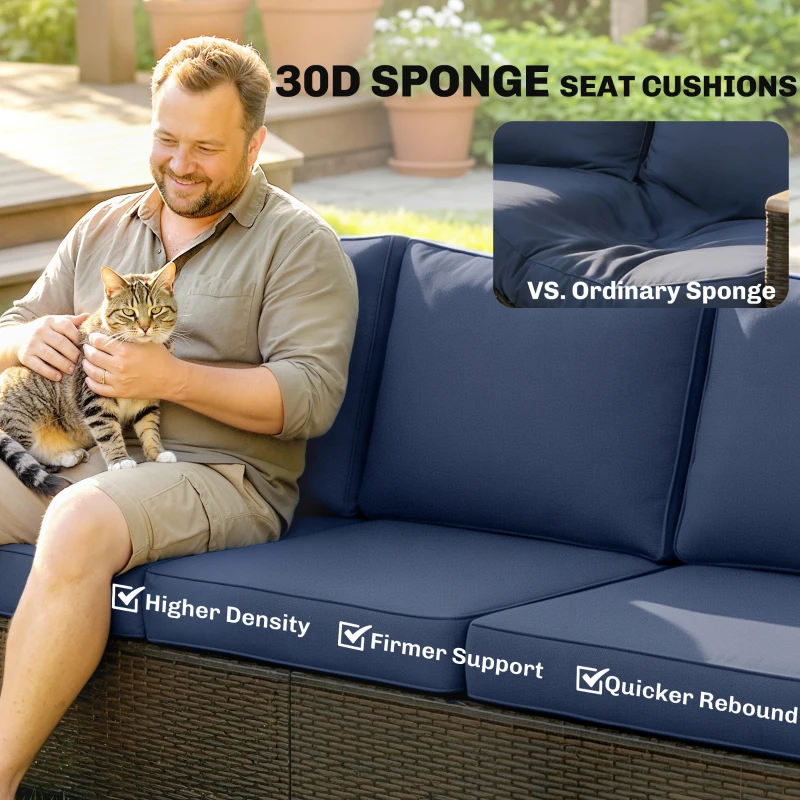 Outsunny 3 Seater Outdoor Couch Sofa, PE Wicker Patio Sofa, Wide Deep Seat, 4" Cushions, Wood-Effect Armrests Legs, Dark Blue