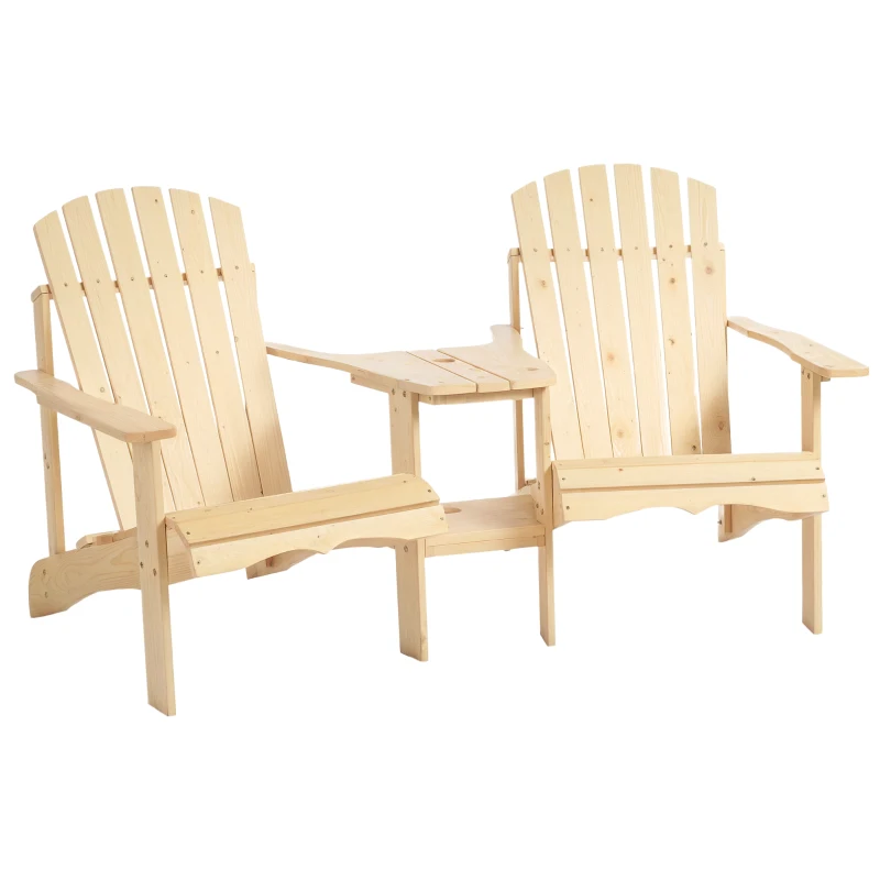 Outsunny 2 Piece Pair Wood Adirondack Chair Porch Tete-A-Tete Bench Two Seater w/ Middle Table Reclined Wooden Umbrella Hole, Natural