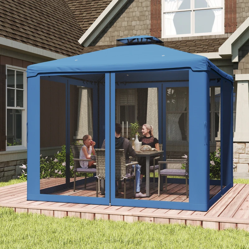 Outsunny 9.6' x 9.6' Patio Gazebo Outdoor Pavilion 2 Tire Roof Canopy Shelter Garden, Steel Frame w/ Mosquito Netting, Dark Blue