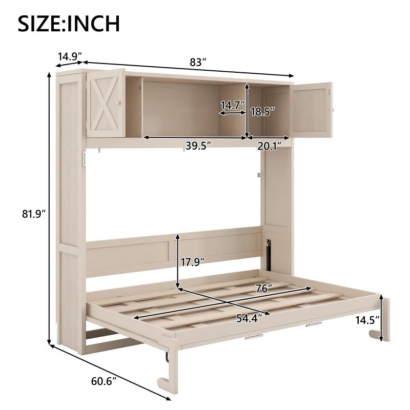 Space-Saving Full Size Murphy Bed with Fold-Down Design, Sturdy Storage Bed with 3 Upper Cabinets, 83" L x 60.5" W x 82" H, Beige