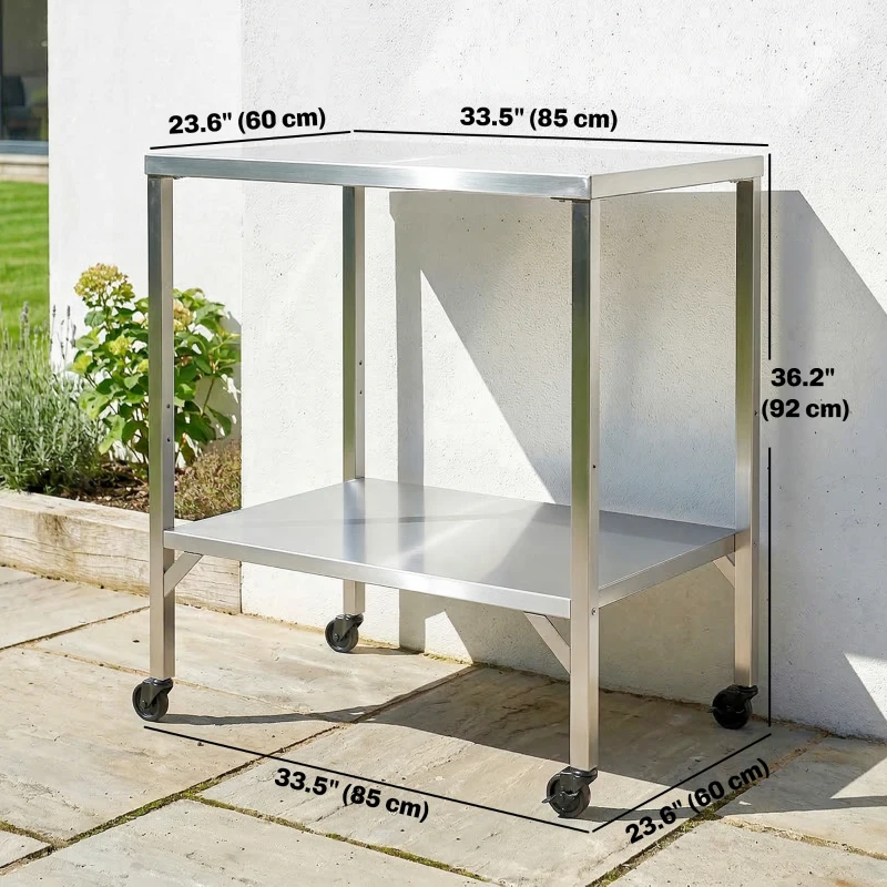 Outsunny Outdoor Grill Cart with Stainless Steel Tabletop, Pizza Oven Stand with Shelf, Lockable Wheels, Rolling BBQ Table