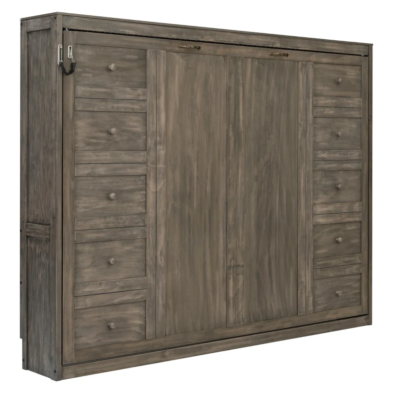 Queen Size Brown Murphy Bed with Smooth Hydraulic Lift, Space‑Saving Fold‑Down Unit with Wood Slat Support, 88'' L x 67'' W x 68.5'' H, Brown