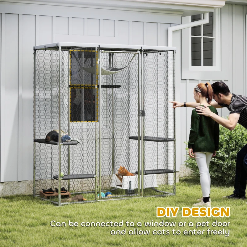 PawHut Catio Outdoor Cat Enclosure, Galvanized Steel Walk-in Cat Cage with Waterproof Cover, 5 Adjustable Platforms, Hammock