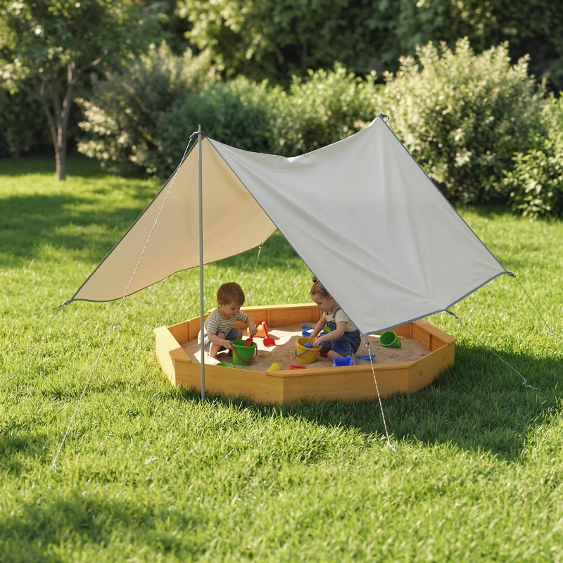 Qaba Wooden Sandbox with Large Canopy, Outdoor Sand Box with 4 Bench Seats, Bottom Liner for 8 Kids Aged 3-8, Yellow