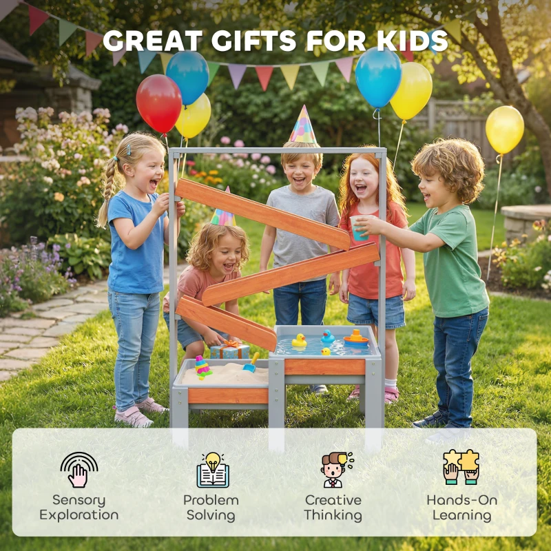 Qaba Wooden Sandbox, Kids Sand and Water Table with Waterway Track and Dual Boxes, Sensory Table for Outdoor, Grey