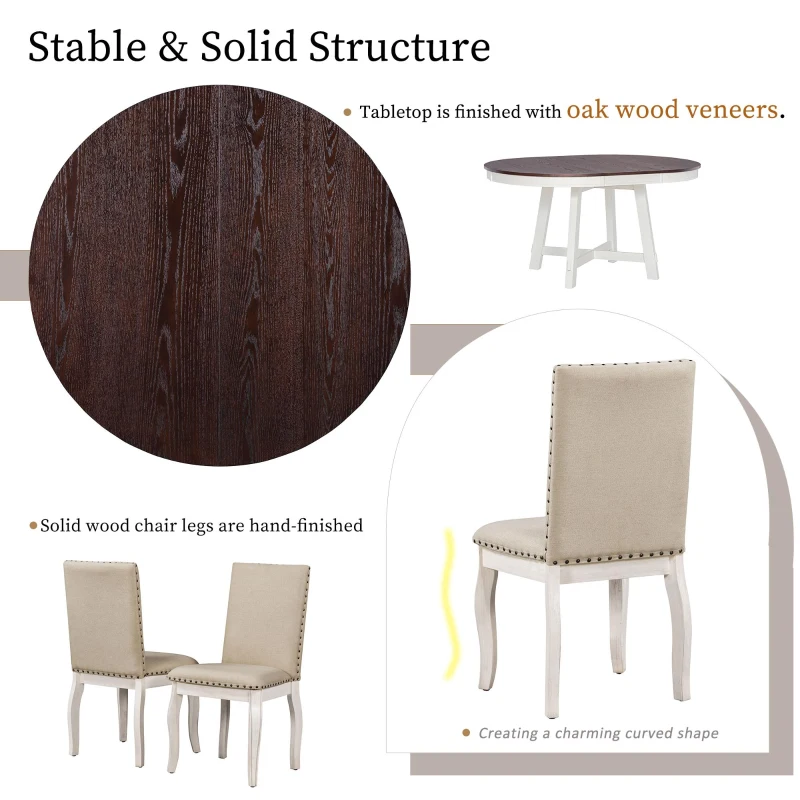 Farmhouse Dining Set with Upholstered High-Back Chairs, Sturdy Side Chair Set for Living Room, 58" L x 42" W x 30" H, Beige+Off White+Walnut