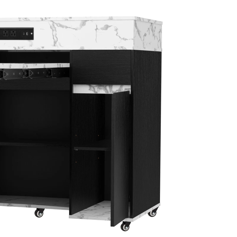 Extendable Rolling Kitchen Island with Folding Top, Versatile Kitchen Cart with Windows, 74" L x 43.5" W x 37.5" H, Black+White Marble