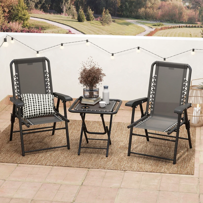 Outsunny 3 Pieces Patio Bistro Set, Outdoor Folding Table and Chairs Set, Metal Patio Furniture Set with Cup Holders