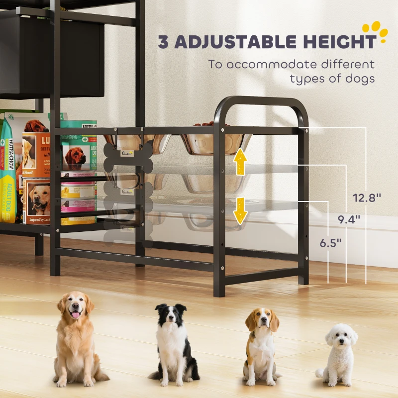PawHut 3 Height Adjustable Dog Bowl Stand with 2 Feeding Stations, Toy Bin Basket, Black