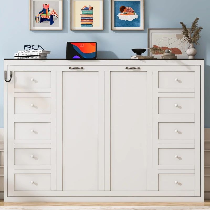 Full Size Murphy Bed with LED Light and Built‑In Desk, Foldable Platform Bed with Smooth Hydraulic Lift, 83" L x 60.5" W x 62" H, Brown+White