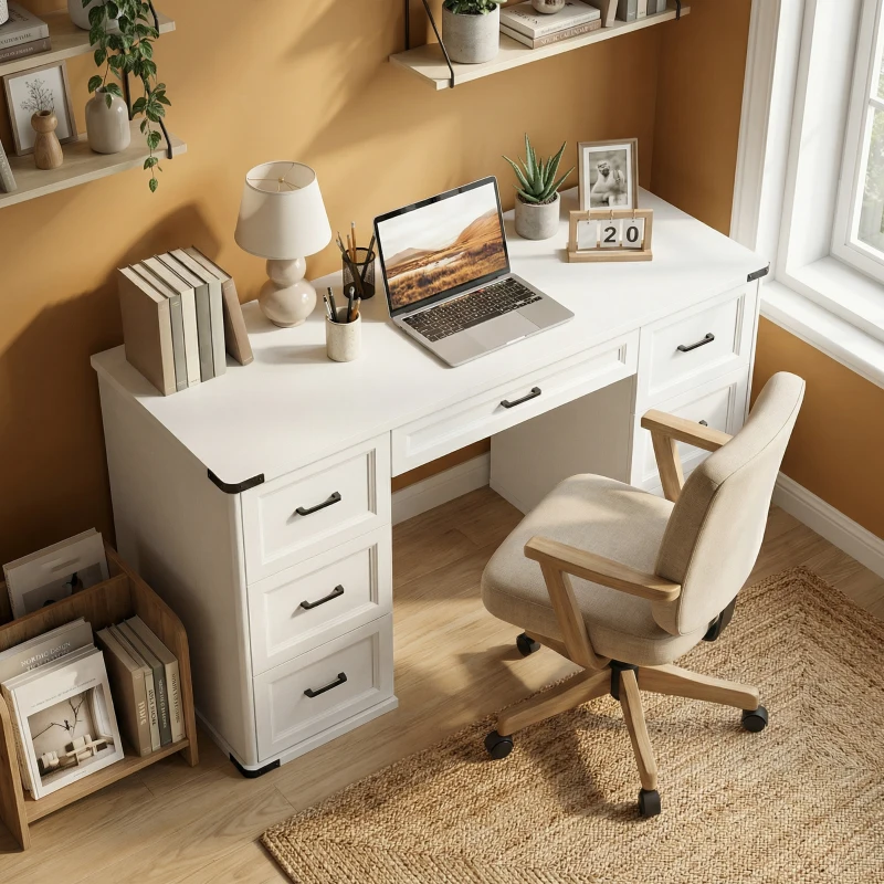HOMCOM 55" Computer Desk with 7 Drawers, Farmhouse Executive Desk for Home Office, Study, Bedroom, White Wood Grain