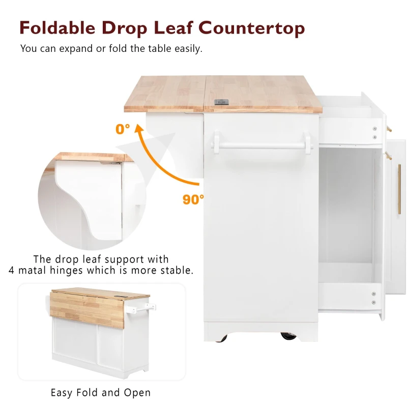 Rolling Kitchen Island with Drop-Leaf Rubberwood Top, Versatile Storage Cart for Contemporary Homes, 59.5'' L x 29.5'' W x 35.5'' H, White