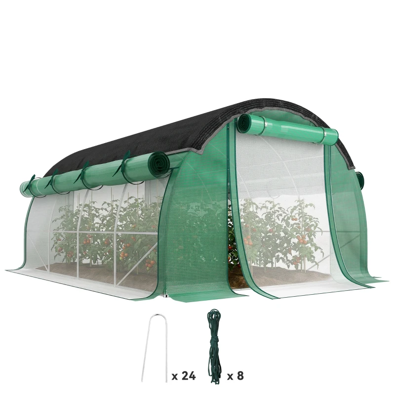 Outsunny Walk-in Tunnel Greenhouse, Plant Hot House with Sunshade Net, Roll-up Mesh Sidewalls, 2 Doors, 10' x 13' x 6.5' , Green