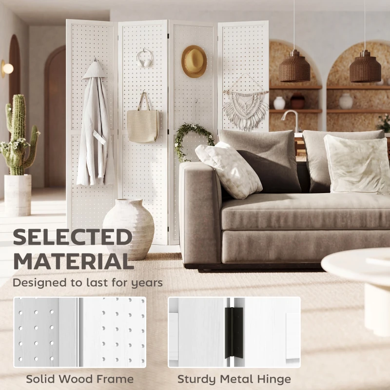 HOMCOM 5.6 Ft. Tall 4-Panel Room Divider, Pegboard Panel Folding Privacy Screen, Partition Wall Divider for Bedroom, White