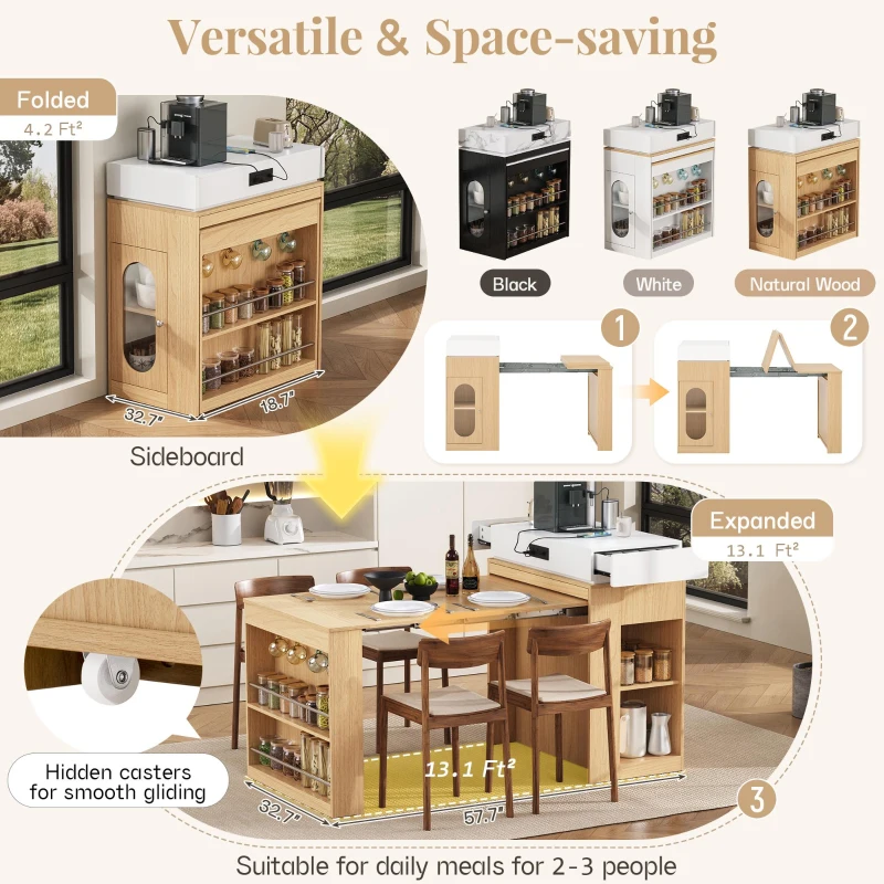 Extendable Dining Table with Folding Tabletop, Multi-Functional Kitchen Island with Drawers, 57.5" L x 32.5" W x 38" H, Creamy White+Natural