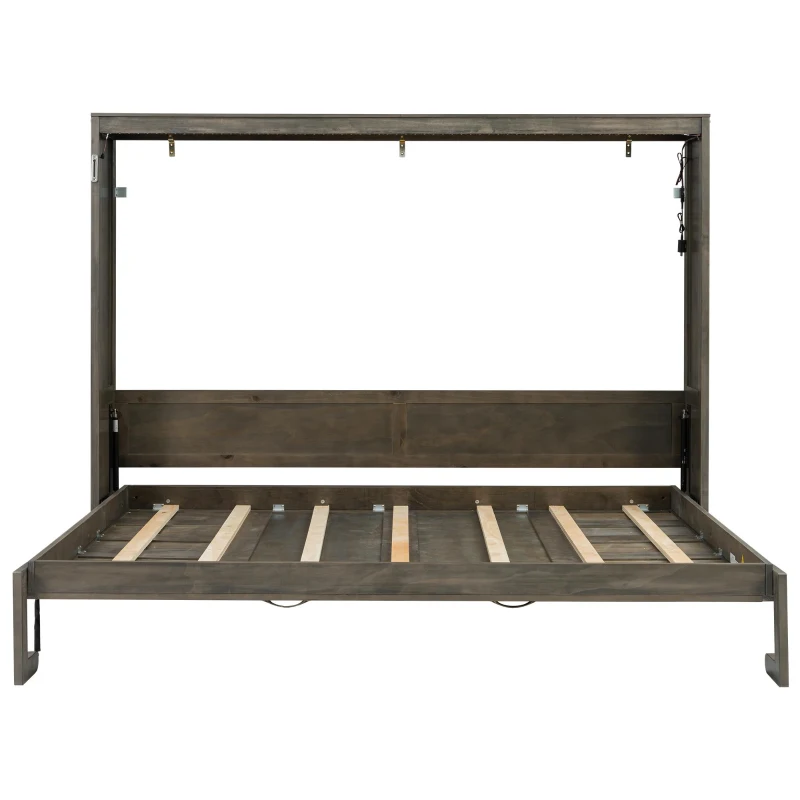 Full Size Murphy Bed with LED Light and Built‑In Desk, Foldable Platform Bed with Smooth Hydraulic Lift, 83" L x 60.5" W x 62" H, Brown