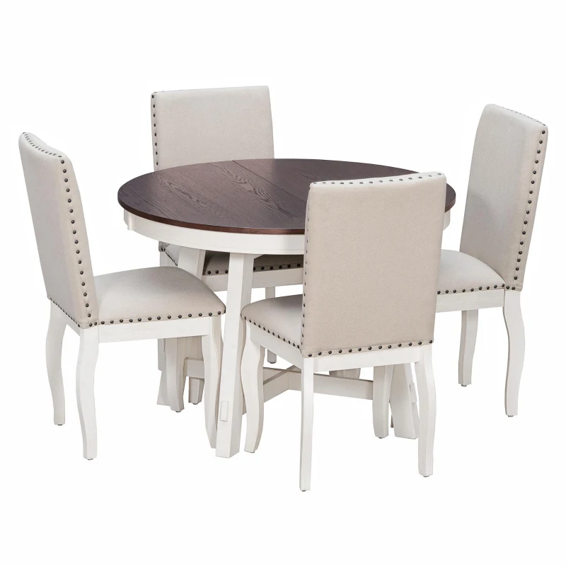 Farmhouse Dining Set with Upholstered High-Back Chairs, Sturdy Side Chair Set for Living Room, 58" L x 42" W x 30" H, Beige+Off White+Walnut