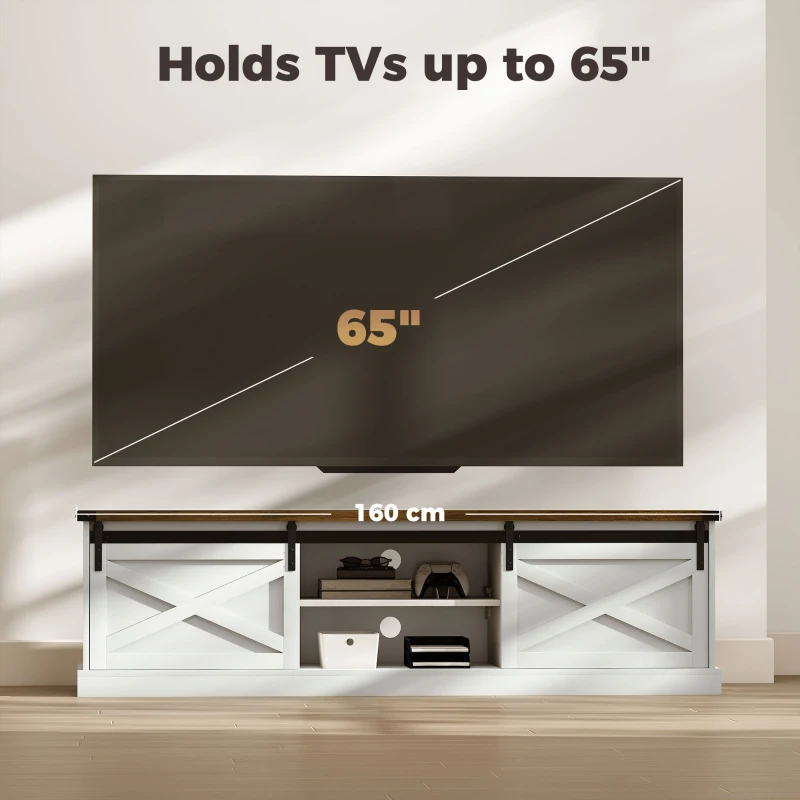 HOMCOM TV Stand for TVs up to 65 Inch, Entertainment Center with Shelves, Cabinets, Sliding Barn Doors, Thick Top, White