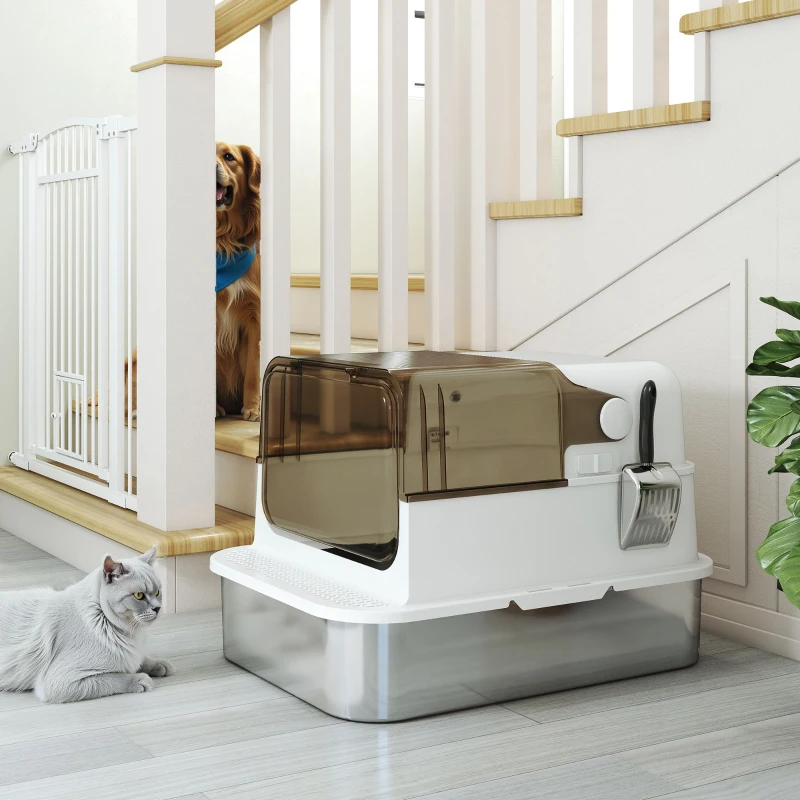 PawHut Stainless Steel Cat Litter Box, Easy-Clean Enclosure with Scoop & Flip Lid, 27.6" L x 19.7" W x 18.3" H, White