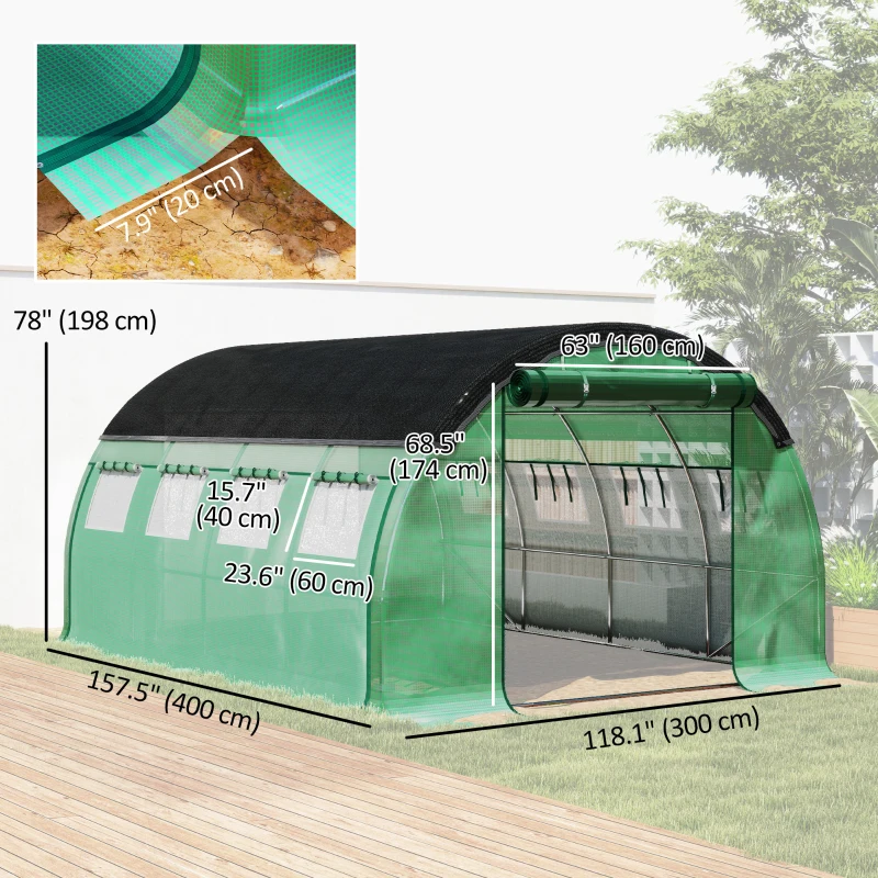 Outsunny Walk-in Tunnel Greenhouse, Plant Hot House with Sunshade Net, Roll-up Mesh Sidewalls, 2 Doors, 10' x 13' x 6.5' , Green