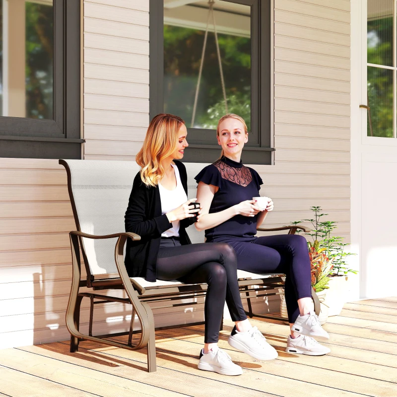 Outsunny 2-Person Outdoor Glider Bench，Patio Glider Loveseat Chair with Powder Coated Steel Frame，2 Seats Porch Rocking Glider for Backyard, Lawn, Garden and Porch, Cream White