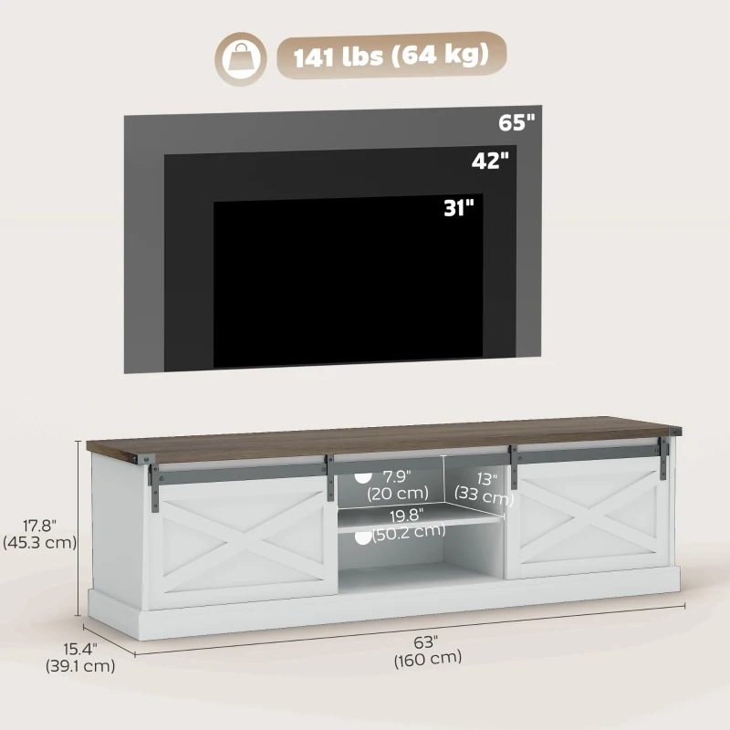 HOMCOM TV Stand for TVs up to 65 Inch, Entertainment Center with Shelves, Cabinets, Sliding Barn Doors, Thick Top, White