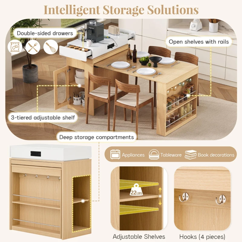 Extendable Dining Table with Folding Tabletop, Multi-Functional Kitchen Island with Drawers, 57.5" L x 32.5" W x 38" H, Creamy White+Natural