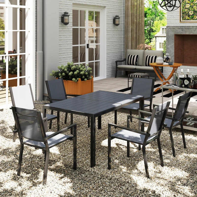 Outsunny 7 Piece Outdoor Dining Set with 6 Stackable Chairs, Rectangle Table, WPC Slatted Top, Rust-Resistant Steel Frame