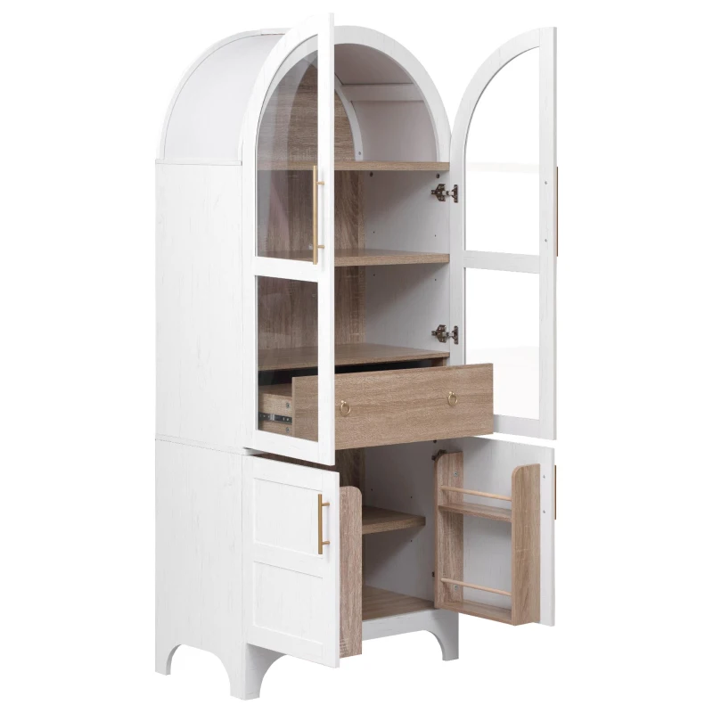Arched Kitchen Pantry Cabinet with Large Hidden Drawer, Glass-Door Storage with Soft-Close Hinges, 30'' L x 15.5'' W x 71'' H, White