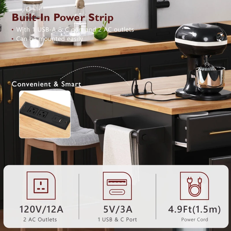 Rolling Kitchen Island with Drop-Leaf Rubberwood Top, Versatile Storage Cart for Contemporary Homes, 59.5'' L x 29.5'' W x 35.5'' H, Black