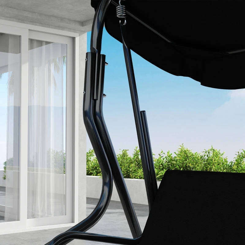 Outsunny Outdoor Porch Swing with Adjustable Canopy, 3-Seater Patio Swing Chair with Cushion, Black
