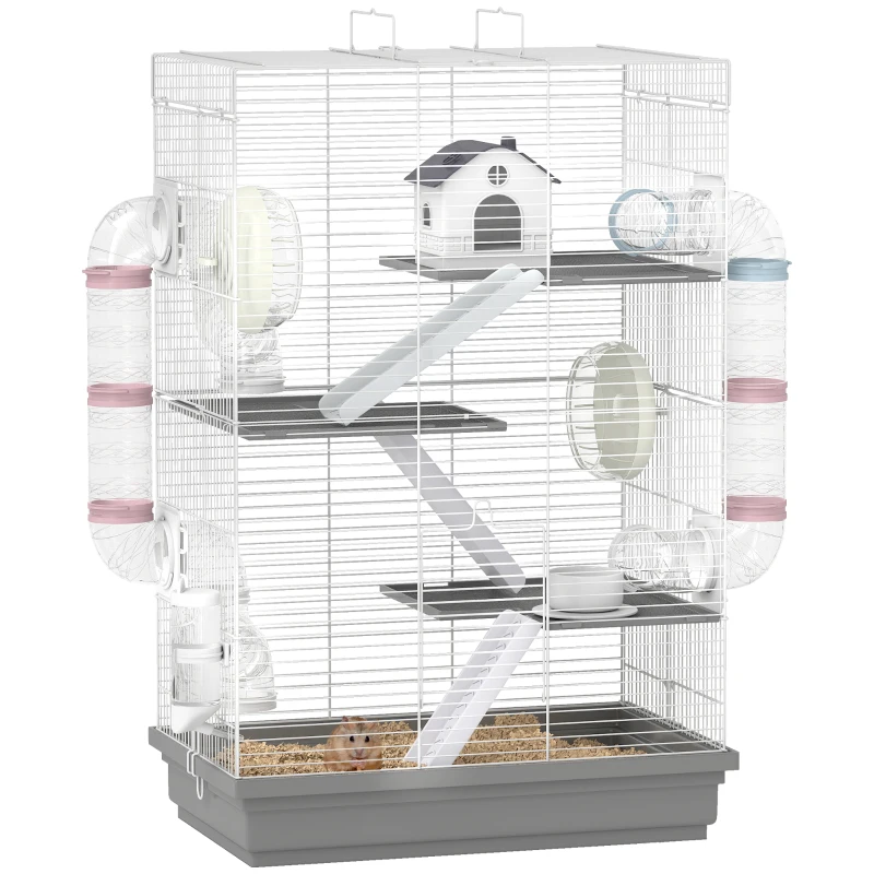 PawHut 4-Level Large Hamster Cage with DIY Tubes, Water Bottle, Food Dish, Hut, Exercise Wheels, Grey