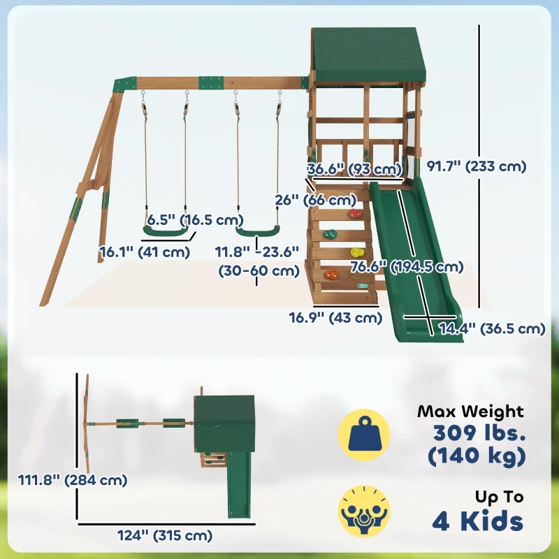 Qaba Wood Swing Set, Outdoor Playset with Slide, 2 Swings, Rock Wall and Covered Upper Deck, Kids Outdoor Playground