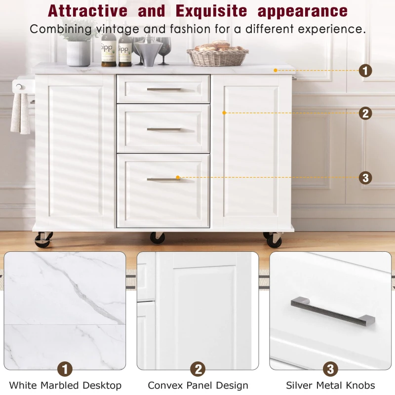 Rolling Kitchen Island with 2‑Tier Pull-Out Organizer, Versatile Storage Cabinet for Open-Plan Kitchens, 50.5'' L x 26.5'' W x 35.5'' H, White