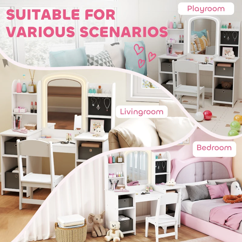 Qaba Kids Vanity Table and Chair, Toddler Dressing Table and Chair Set with Lighted Mirror for Little Girls, White
