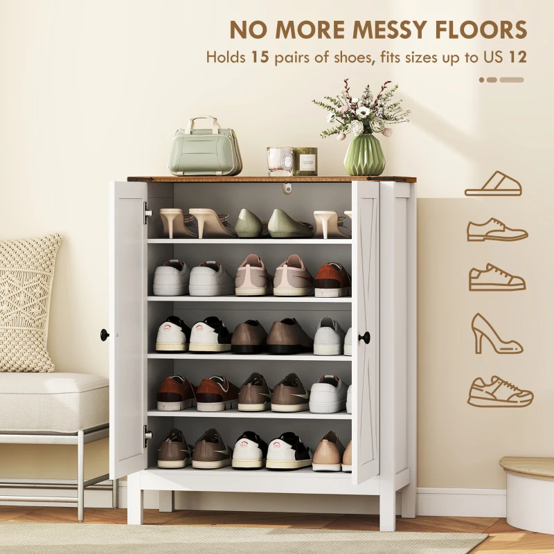 HOMCOM Shoe Cabinet with Barn Doors, Farmhouse Shoe Storage Cabinet with Adjustable Shelves, Holds up to 15 Pairs, White