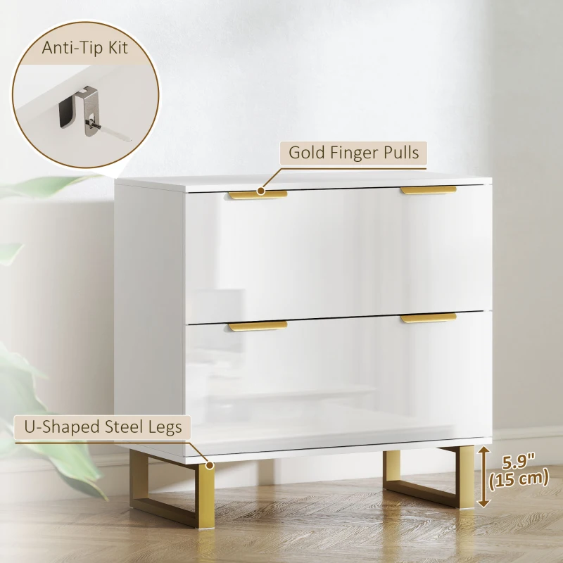 HOMCOM Lateral File Cabinet with 2 Drawers, Modern Filing Cabinet for Letter/A4/Legal Size Files, High Gloss White