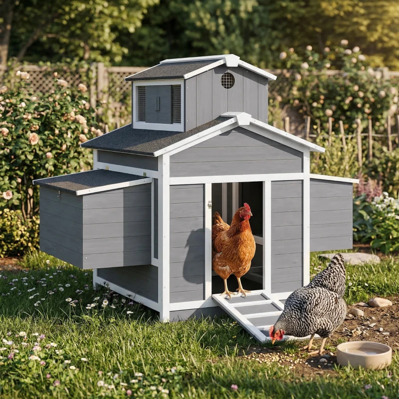 PawHut Chicken Coop for 2 Chickens, Wooden Hen House with Nesting Box, Pull-Out Tray, Ventilation Windows