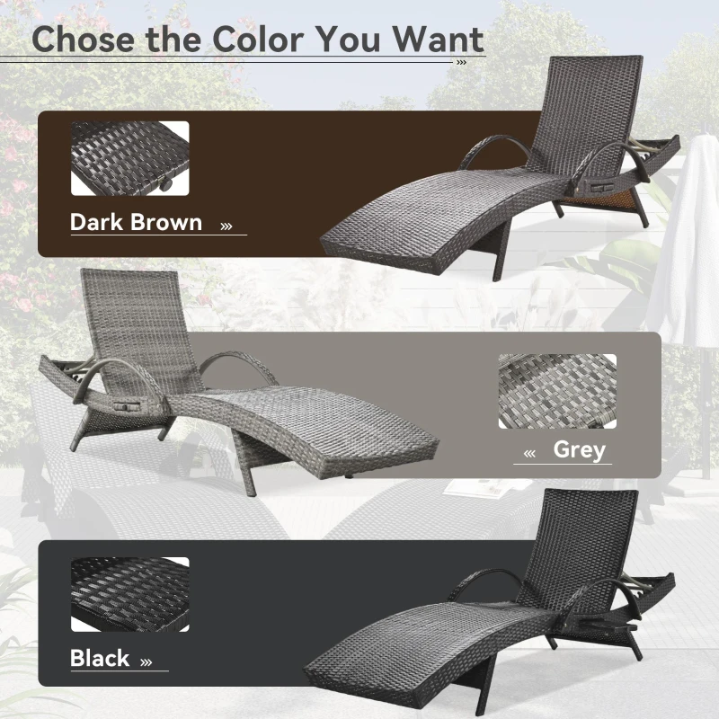 Set of 2 Outdoor Lounge Chairs with Pull‑Out Side Table, Ergonomic Recliners with 5‑Level Adjustable Backrest, 80'' L x 27'' W x 36'' H, Black