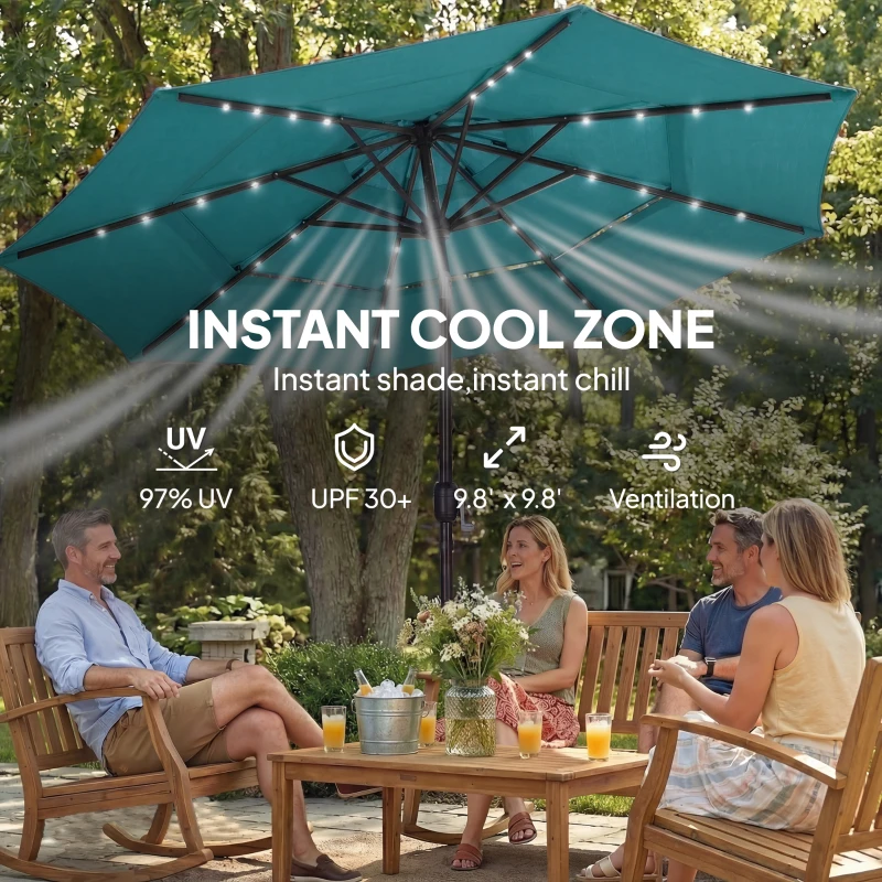 Outsunny 9.7 ft Outdoor Patio Umbrella with Solar LED Lights, 3 Tier Outdoor Table Umbrella with Tilt, Crank, Teal