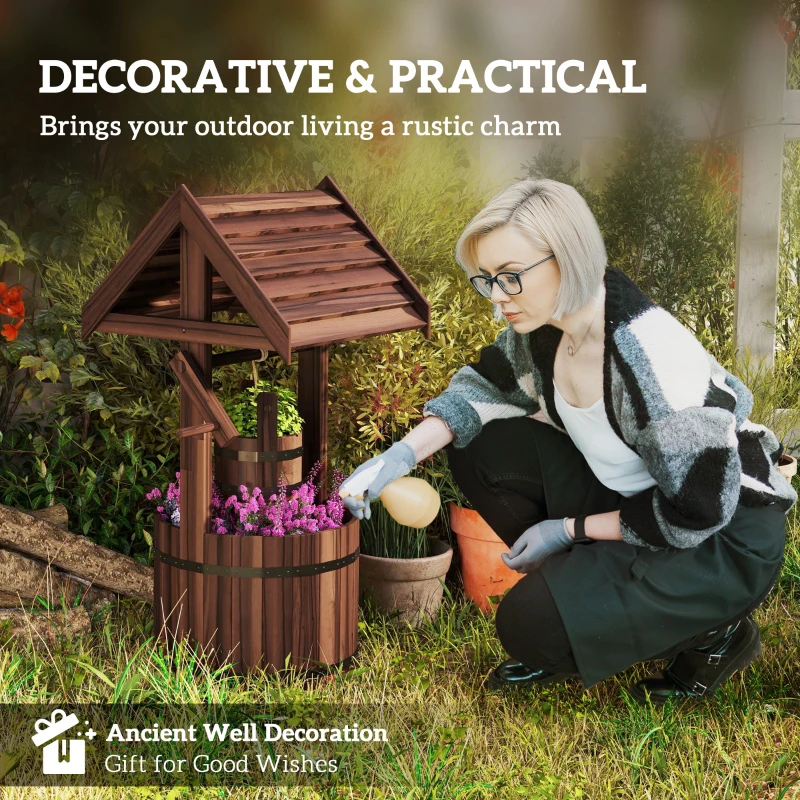 Outsunny Wood Wishing Well Outdoor Wooden Planter with Hanging Bucket and Drainage Hole for Garden, Patio, Backyard, Tan